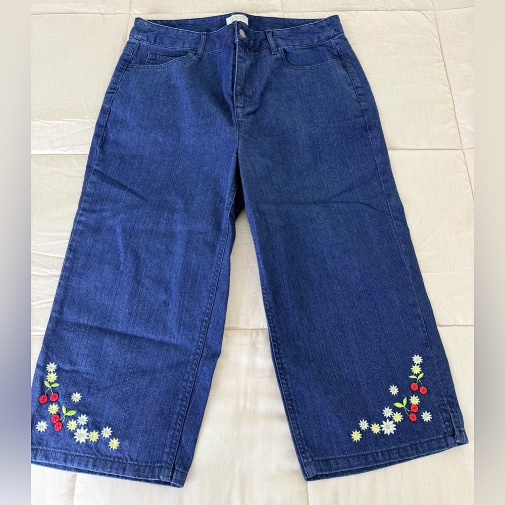 Christopher & Banks denim Cottagecore cherry Daisy floral garden crop pants 12 - Picture 4 of 11
